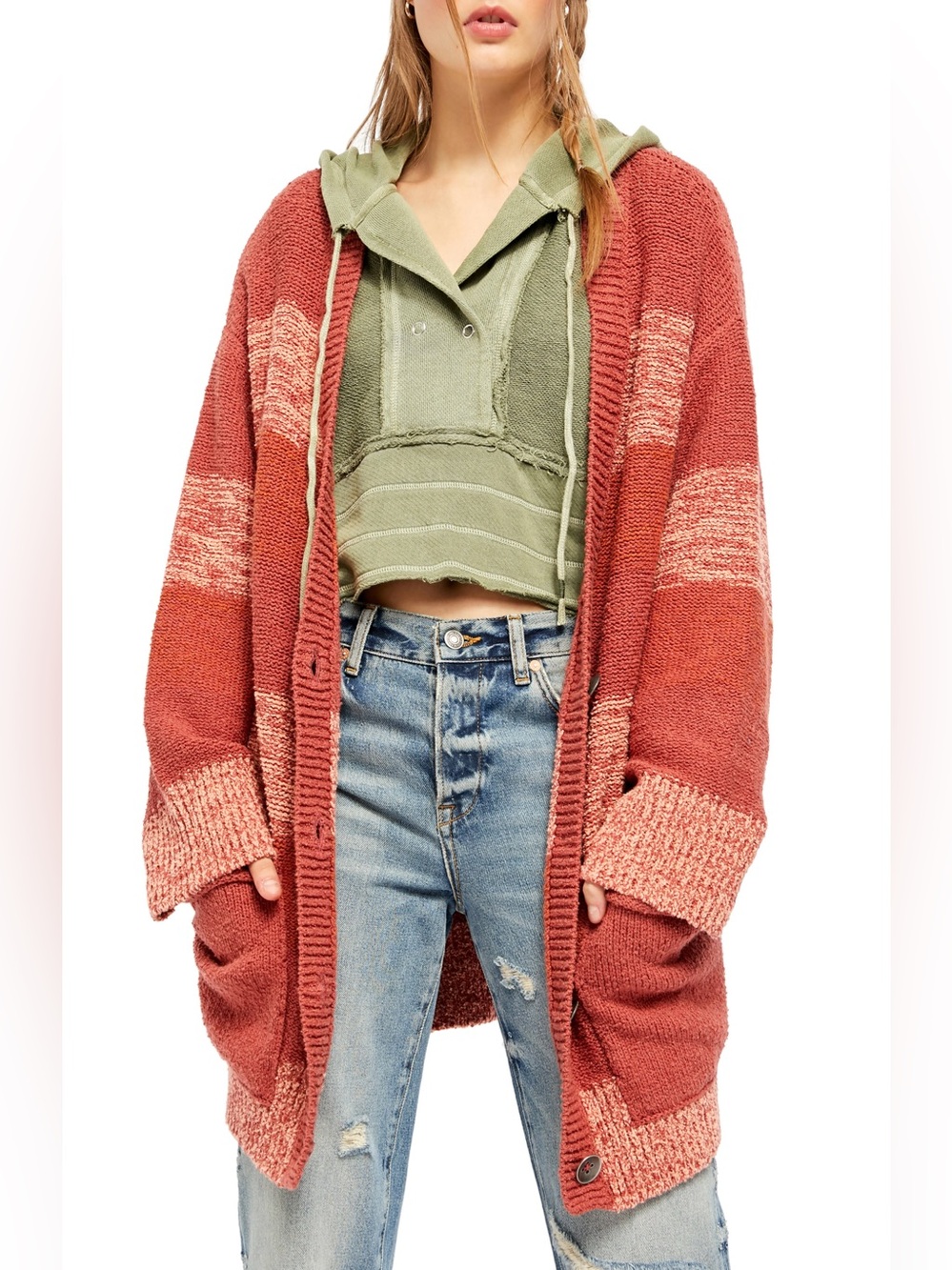 Free People Southport Beach Cardigan Medium Rust Pink Striped Oversized Sweater